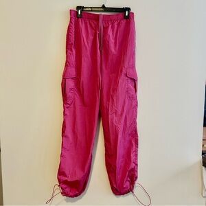 Onzie Pants Pink Elastic Waist Cargo Pull On 90s Bright Sporty Parachute S/M